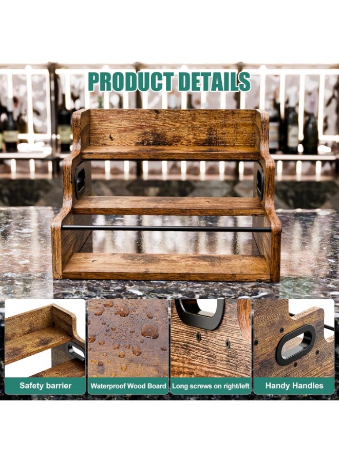 SFENG Liquor Bottle Display Shelf, Coffee Syrup Rack Organizer, 3 Step Countertop Liquor Wine Rack, mini bar,liquor cabinet, Home Retro Bar Shelf Stand for Liquor Whiskey, Spirits, Brown, GL-06 - Image 3